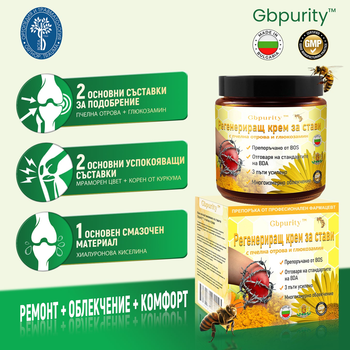 𝑮𝒃𝒑𝒖𝒓𝒊𝒕𝒚™ Регенериращ крем за стави с пчелна отрова и глюкозамин 🏆Препоръчан от водещи специалисти от Българската асоциация по ортопедия и травматология