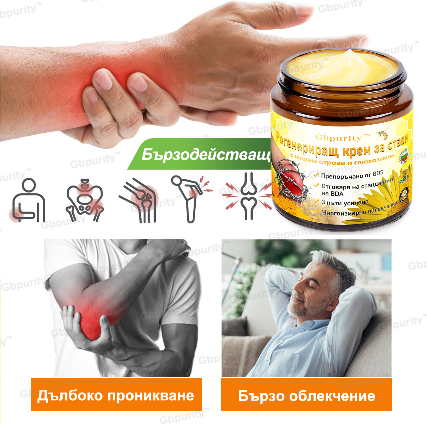🦴𝑮𝒃𝒑𝒖𝒓𝒊𝒕𝒚™ Регенериращ крем за стави с пчелна отрова и глюкозамин — Препоръчан от водещи специалисти от Българската асоциация по ортопедия и травматология